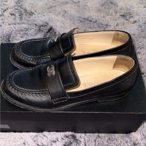 CHANEL Black Leather Men's Penny Loafers with Silver CC Hardware